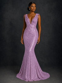 Gold Sequin Floral Applique Mermaid Prom Dress