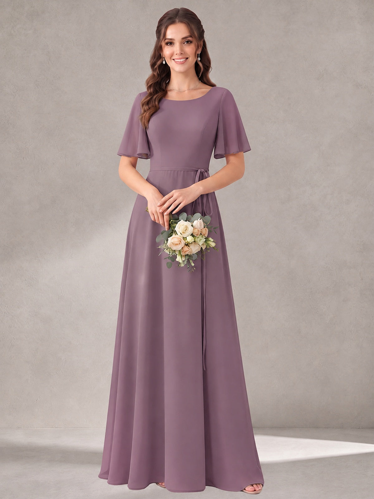 Scoop Neck A-line Chiffon Bridesmaid Dress with Flutter Sleeve & Belt