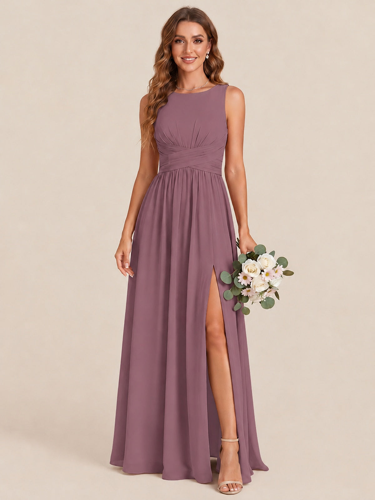 A-line Sleeveless Rucehd Chiffon Bridesmaid Dress with High Slit