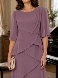 Asymmetric Draped Chiffon Mother of the Bride Dress with Flutter Sleeves