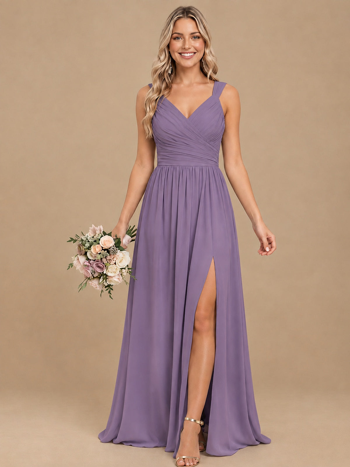 Pleated Chiffon V Neck Wedding Bridesmaid Dresses Floor Length with Slit