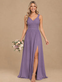 Pleated Chiffon V Neck Wedding Bridesmaid Dresses Floor Length with Slit