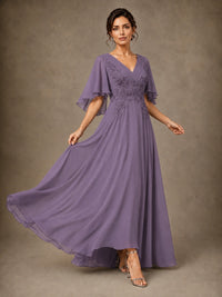 V-Neck Chiffon Lace Mother of the Bride Dress with Flutter Sleeves