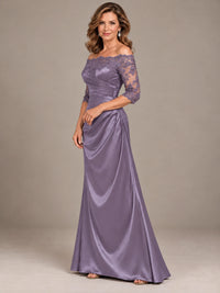 Satin Mother of the Bride Dress with Lace Sleeves Off Shoulder Formal Gown