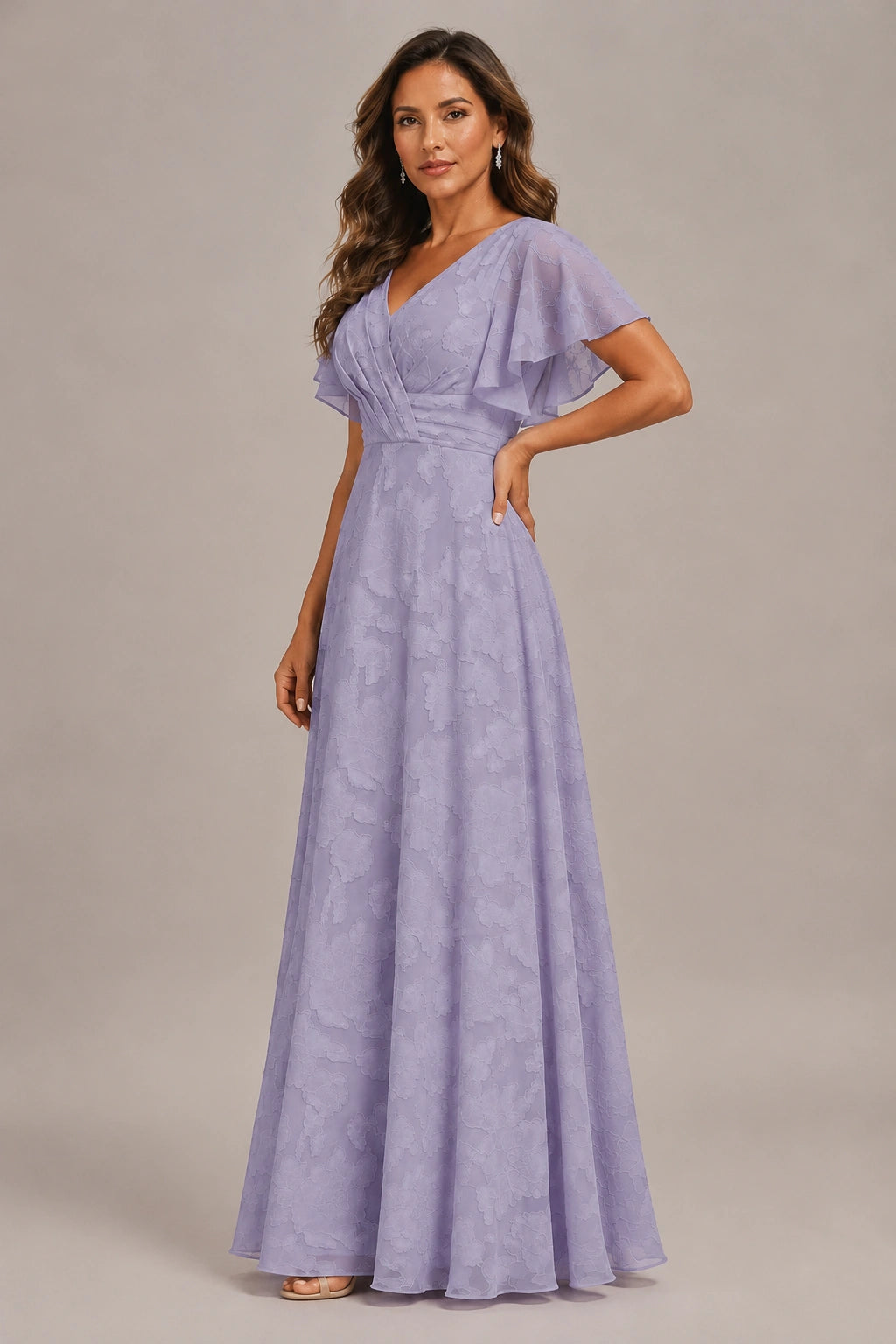 Jovellee Floral Chiffon A-Line Mother of the Bride Dress with Flutter Sleeves