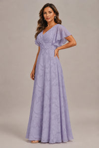 Jovellee Floral Chiffon A-Line Mother of the Bride Dress with Flutter Sleeves