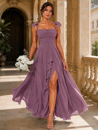 Ruffle Slit Chiffon A Line Scoop Neck Bridesmaid Dresses with Pockets