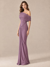 Elegant Draped Off Shoulder Ruched Mermaid Chiffon Formal Evening Gown