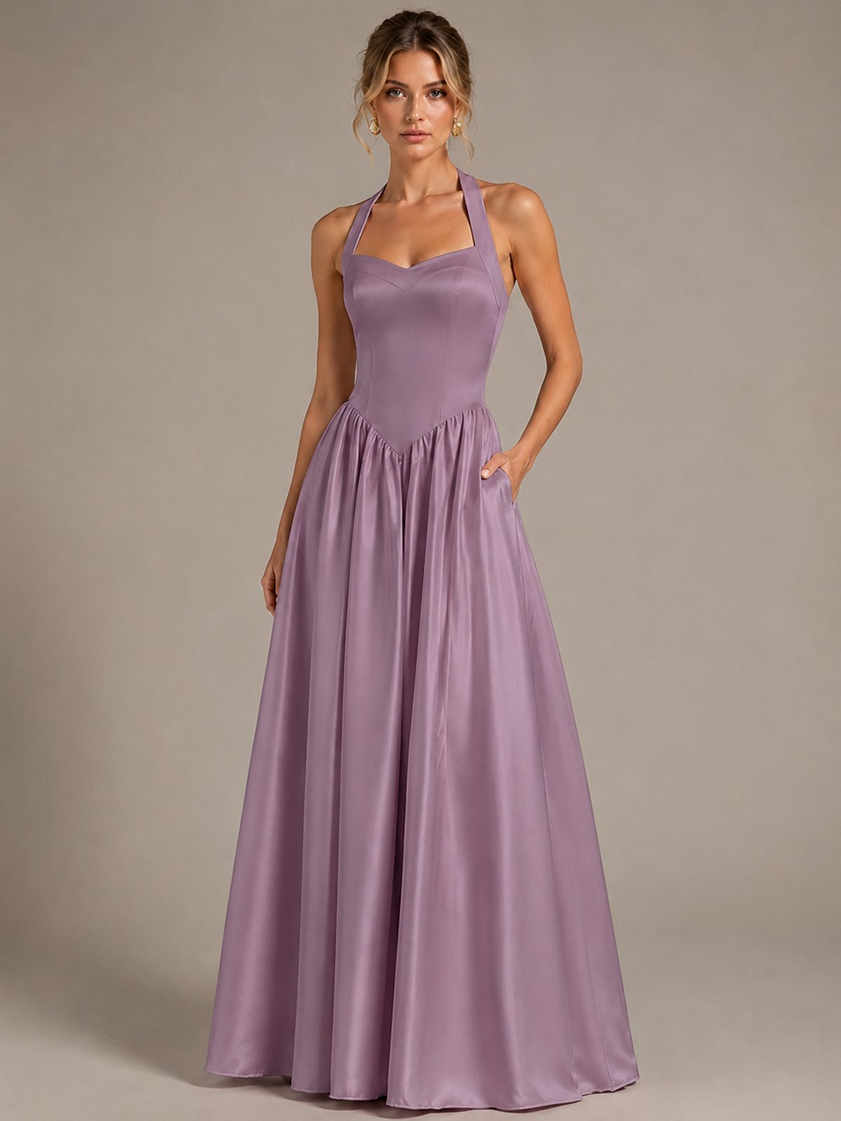 Light Yellow Halter Neck Satin A-Line Maxi Dress with Pockets