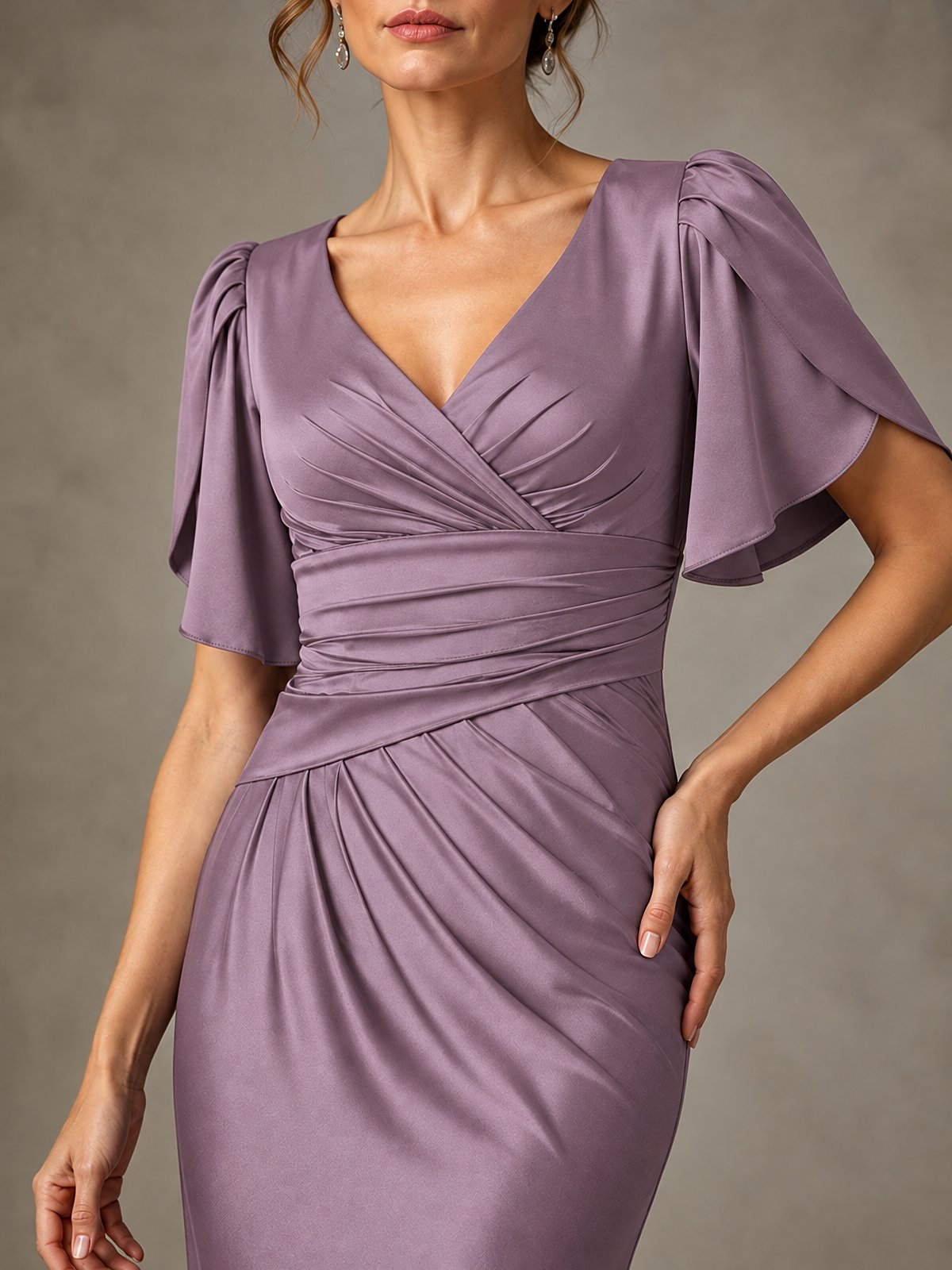 V-Neck Satin Mother of the Bride Dress with Flutter Sleeves