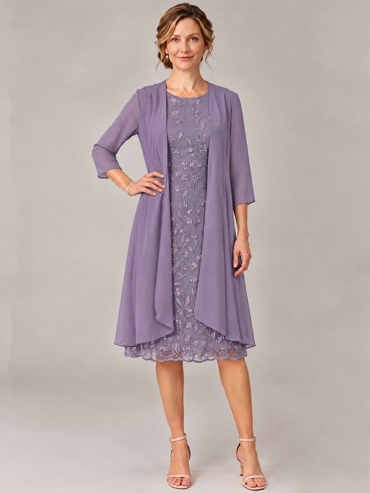 Tea Length Sequin Lace Mother of The Bride Dress with Chiffon Jacket