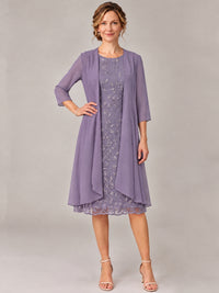 Tea Length Sequin Lace Mother of The Bride Dress with Chiffon Jacket