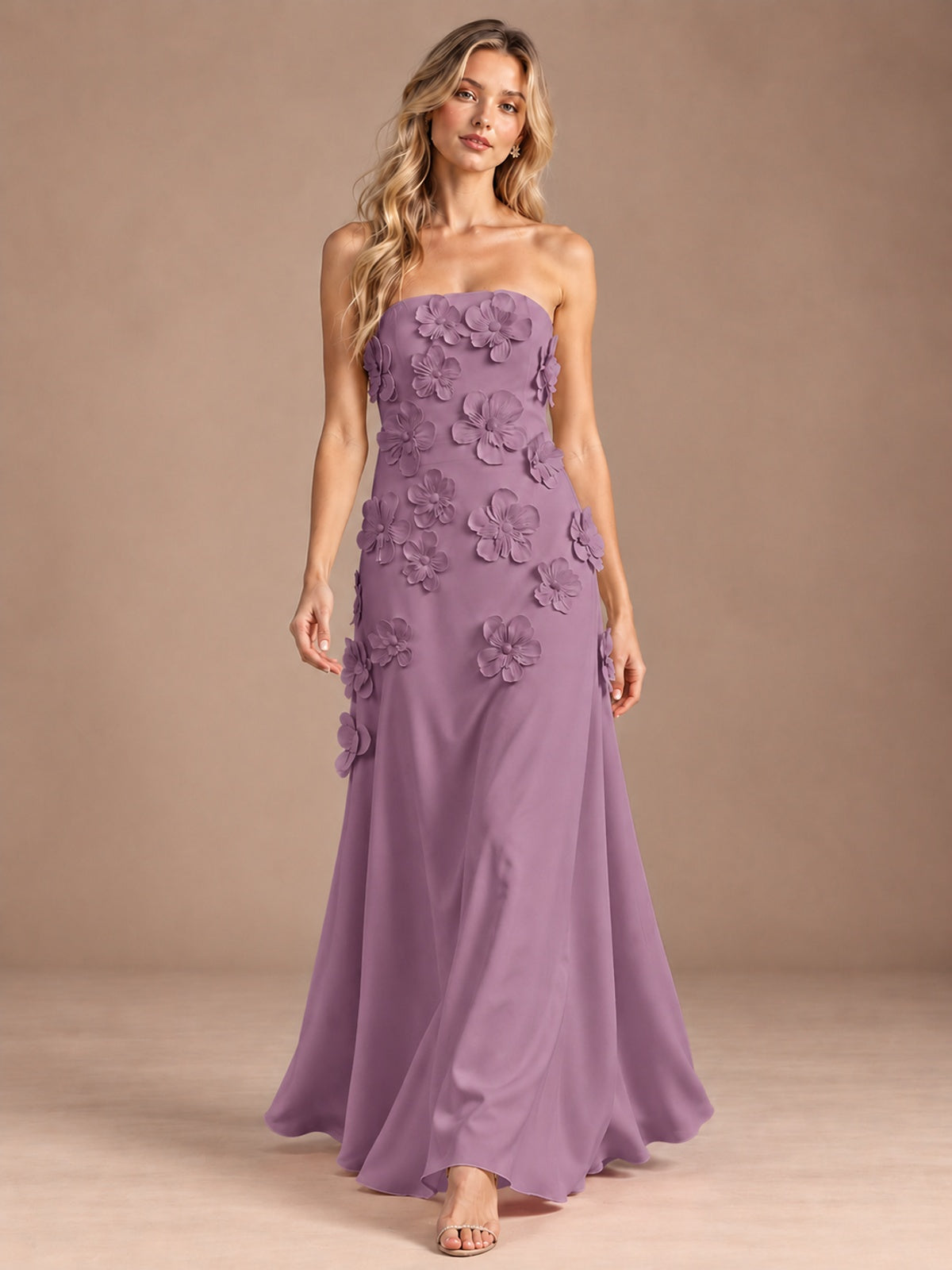 Yellow Strapless A-line Satin Maxi Dress with 3D Floral