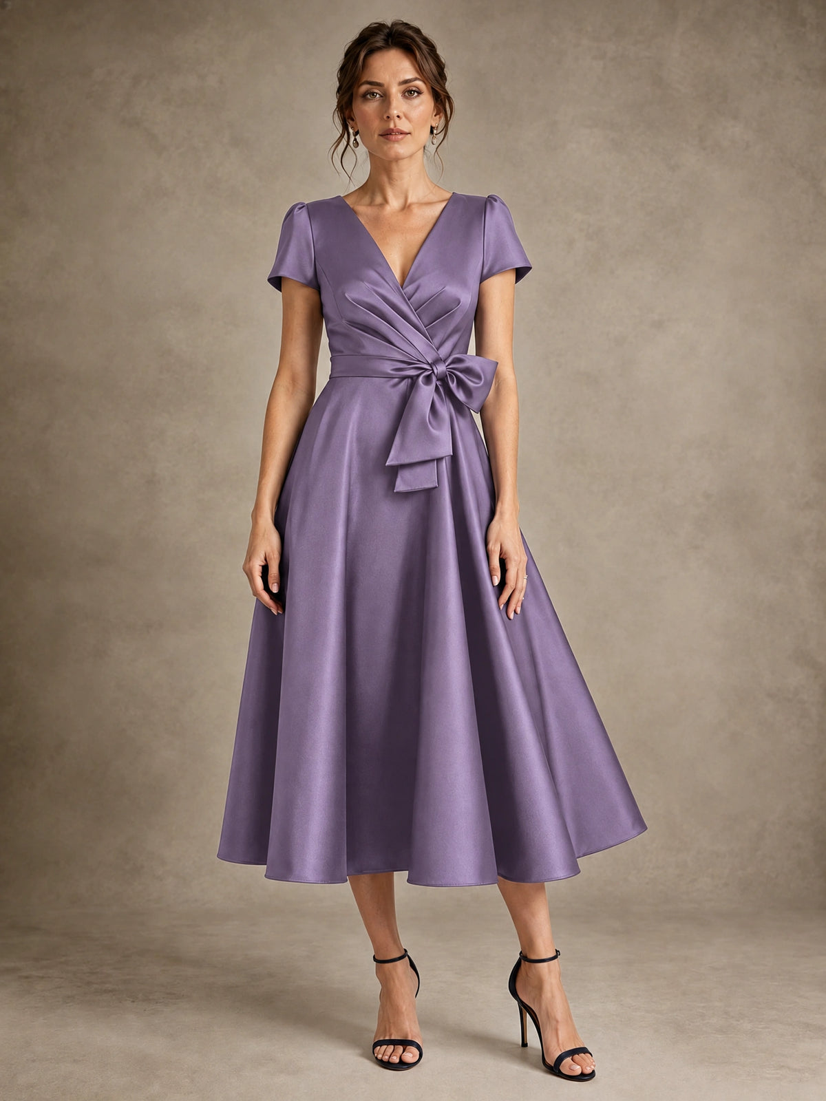 Wisteria V-Neck Tea-Length Satin Mother of the Bride Dress with Bow Jovellee