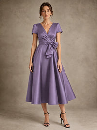 Wisteria V-Neck Tea-Length Satin Mother of the Bride Dress with Bow Jovellee