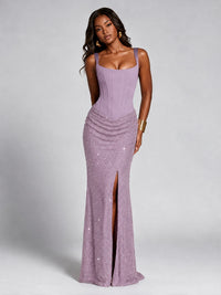 Sequin Corset Mermaid Prom Dress with Square Neck Wide Strap High Slit