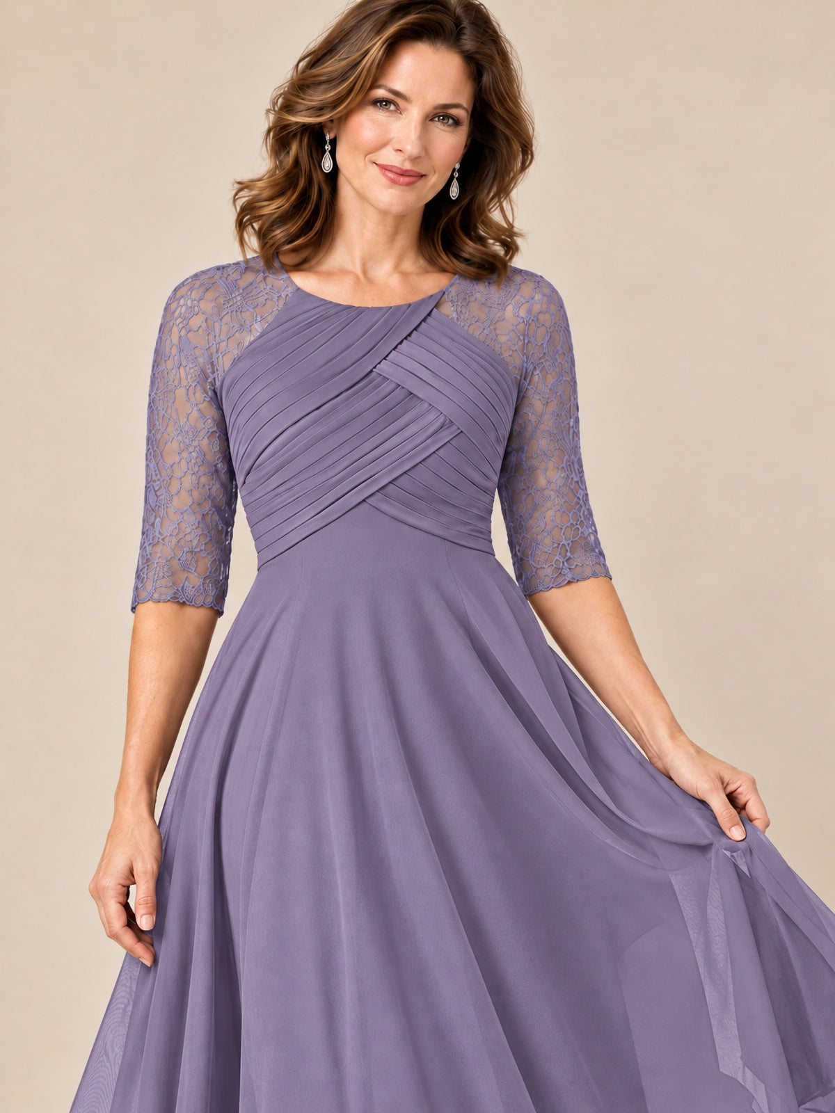 Tea-Length Mother of the Bride Dress with Lace 3/4 Sleeves
