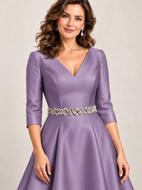 V-Neck Tea-Length Mother of the Bride Dress with Embellished Waist
