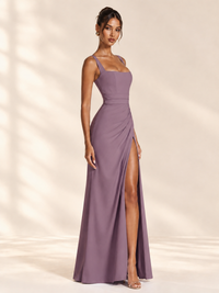 Square Neck Satin Sleeveless Ruched Prom Dress with High Slit