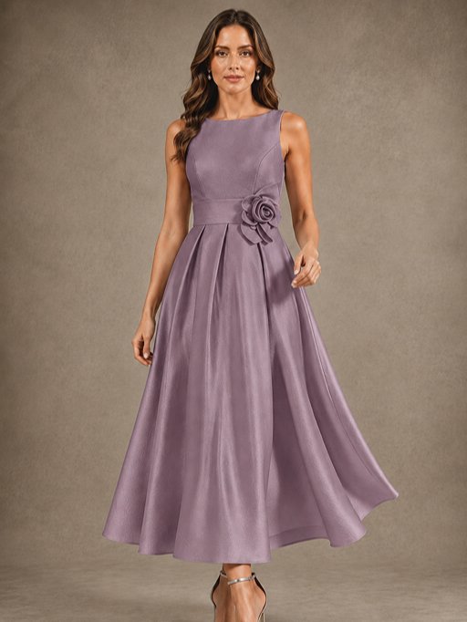 Tea-Length Satin Mother of the Bride Dress with 3D Flower Detail