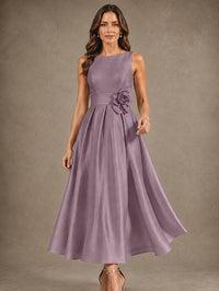 Tea-Length Satin Mother of the Bride Dress with 3D Flower Detail