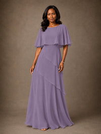 Taupe Chiffon A-Line Mother of the Bride Dress with Cape Sleeves