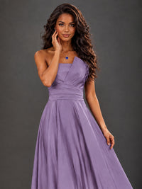 Draped Satin Prom Dress Strapless A-line Formal Dress Floor Length