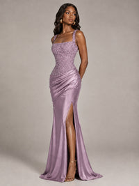 Scoop Neck Sequin Prom Dress with High Slit Satin Formal Gowns