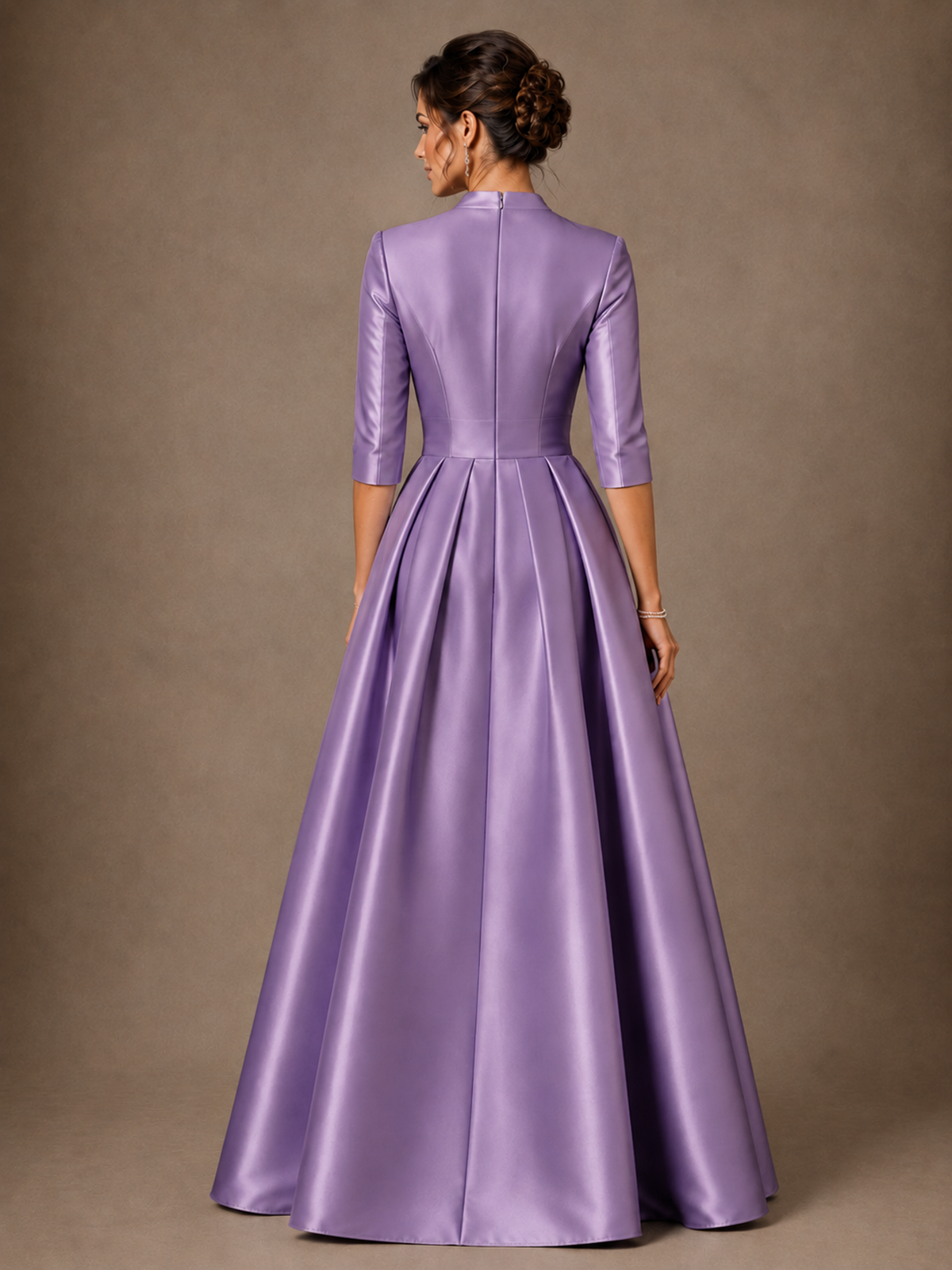 V-Neck Pleated Satin Mother of the Bride Gown with 3/4 Sleeves