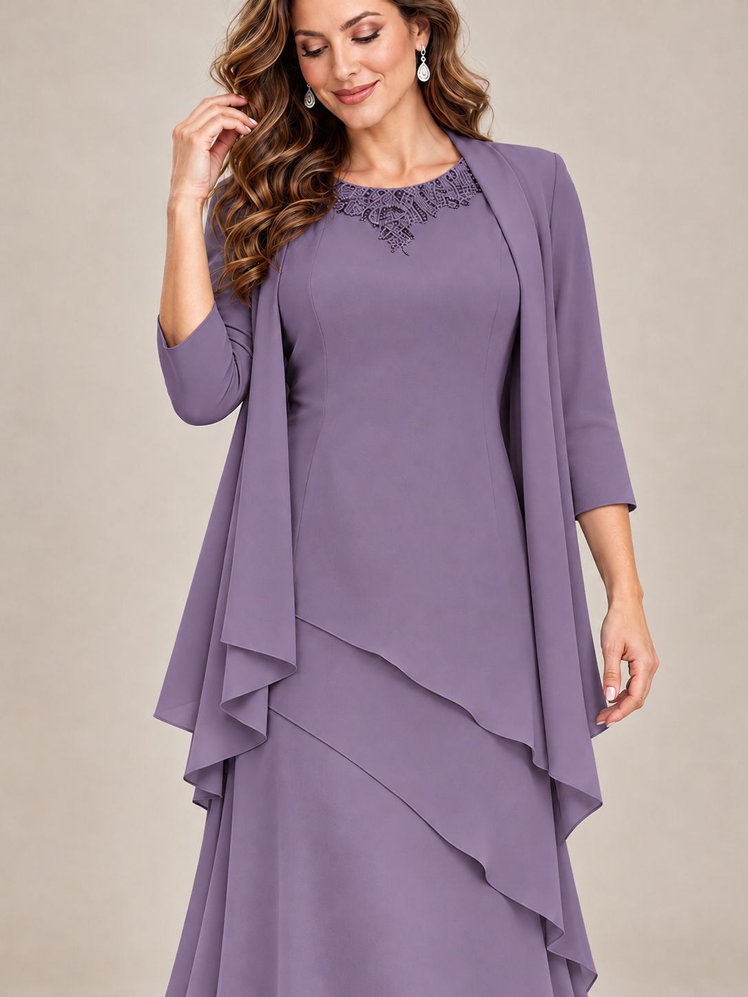 Dusty Blue Two-Piece Chiffon Mother of the Bride Dress with Jacket