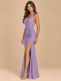 Halter V-Neck Sequin Mermaid Prom Dress with High Slit