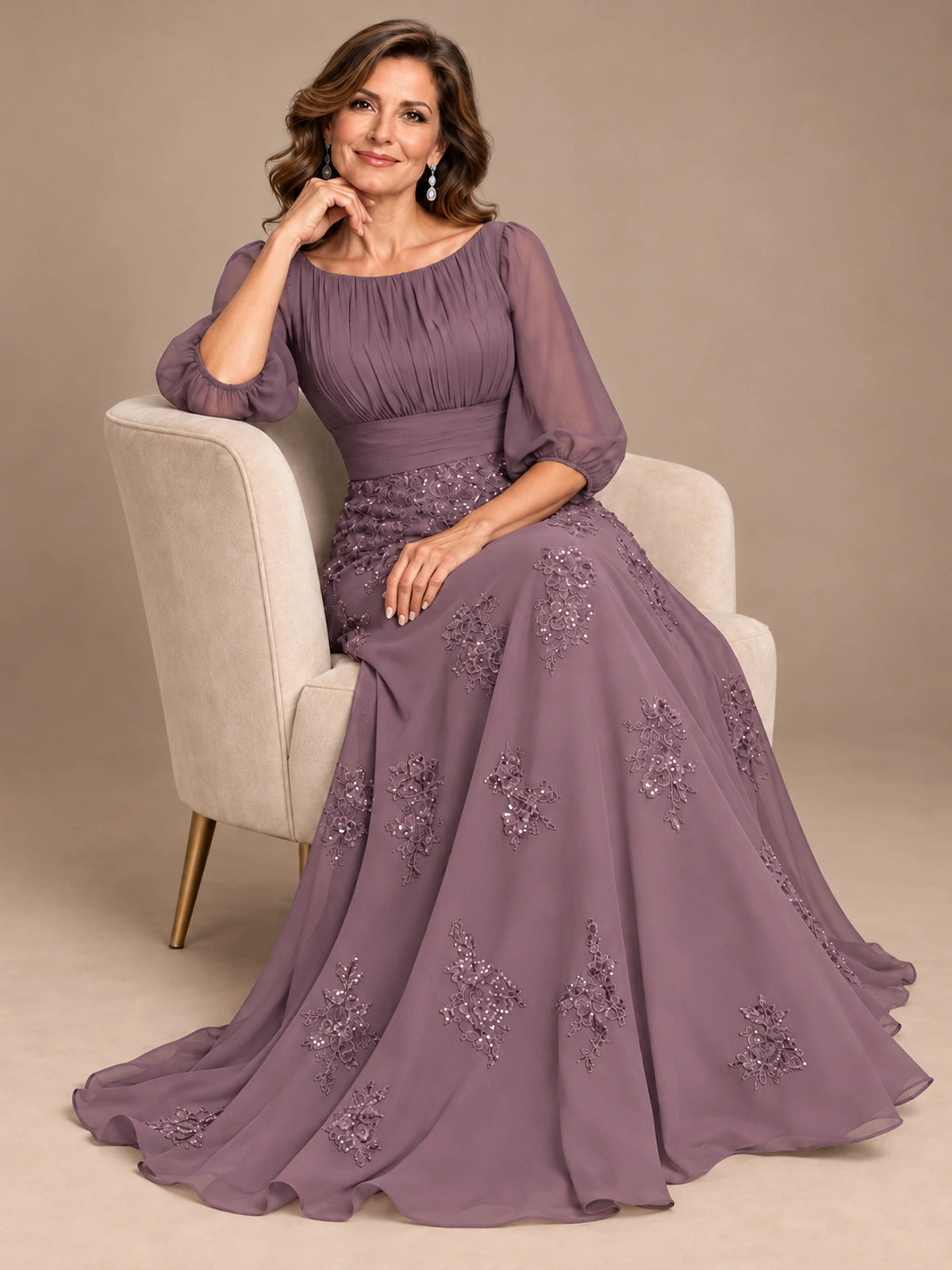 A-Line Mother of the Bride Dress with Sheer Puff Sleeves