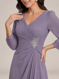 V-Neck Pleated Chiffon Mother of the Bride Dress with Flutter Sleeves