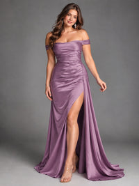 Off Shoulder Satin Maxi Dress with Slit