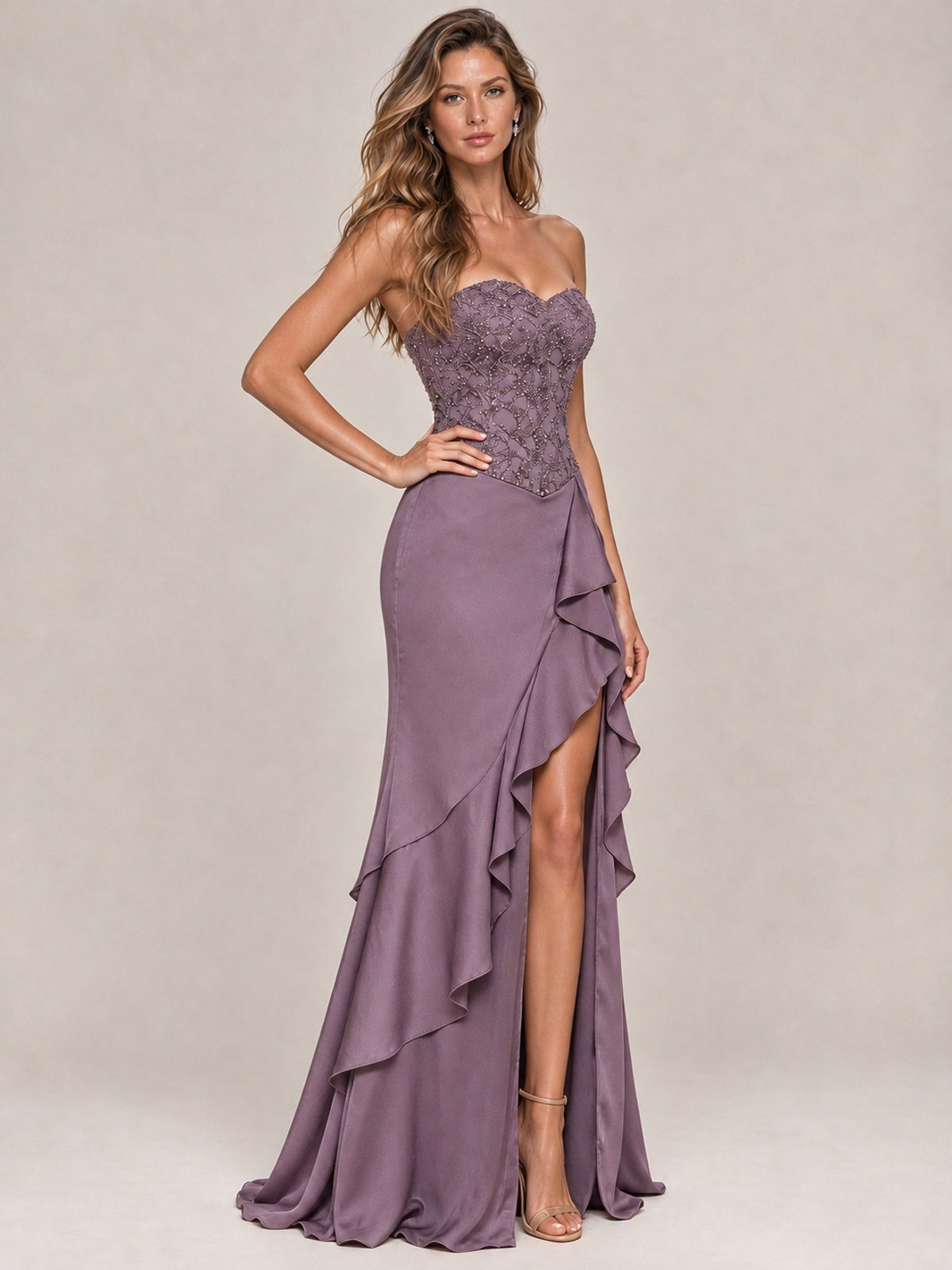 Strapless Lace Appliques Corset Satin Prom Dress Ruffle Slit Evening Gown