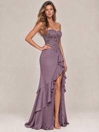 Strapless Lace Appliques Corset Satin Prom Dress Ruffle Slit Evening Gown
