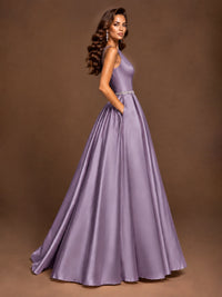 Satin A-Line Prom Dress Sleeveless Beaded Waist Formal Gown with Pockets
