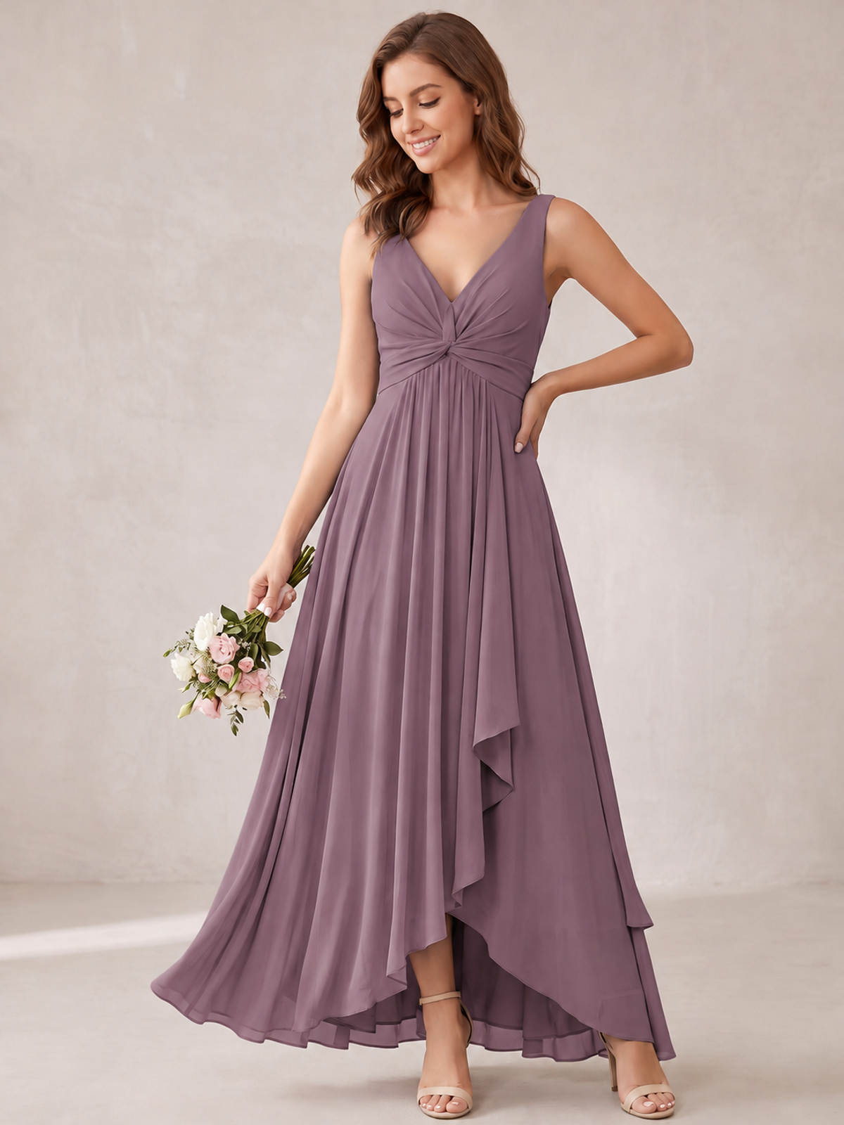 V-Neck High-Low Chiffon Bridesmaid Dress with Ruffles