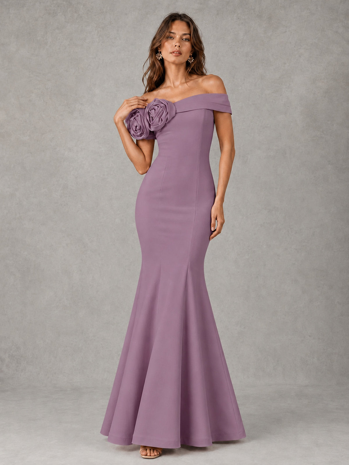 Blush Pink Off Shoulder Mermaid Bridesmaid Dress with Floral Rosette