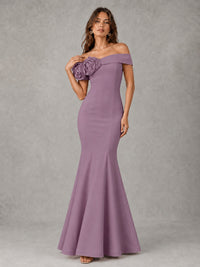 Blush Pink Off Shoulder Mermaid Bridesmaid Dress with Floral Rosette