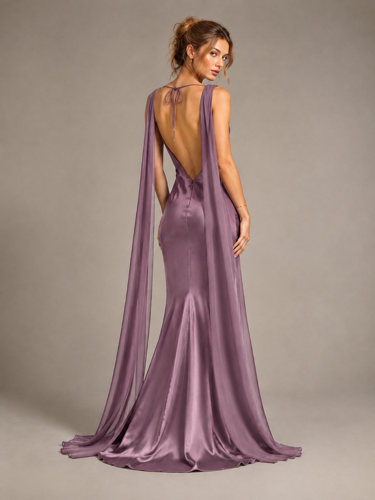 Burgundy Satin Mermaid Cape Maxi Dress