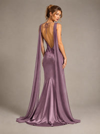 Burgundy Satin Mermaid Cape Maxi Dress