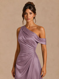 Satin One Shoulder Prom Dress Ruched Long Formal Evening Gown