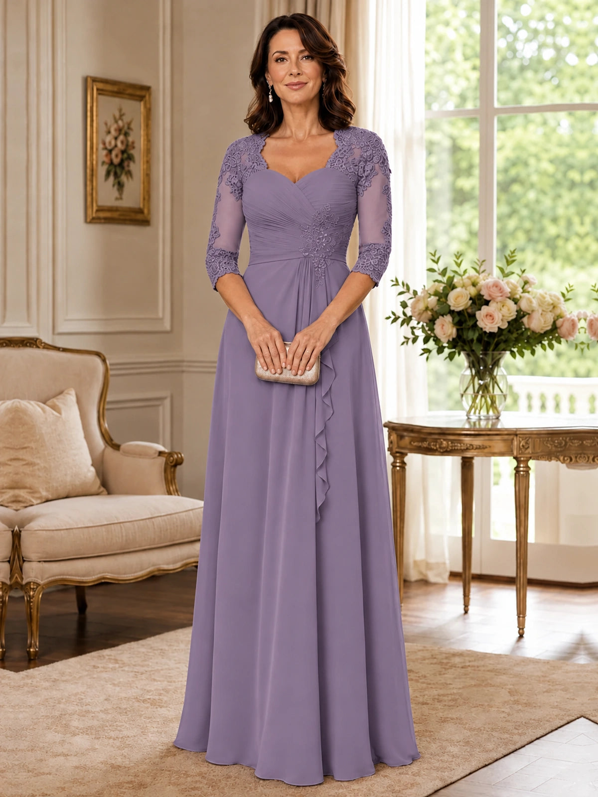 Chiffon Lace Applique Mother of the Bride Dress with 3/4 Sleeves