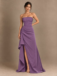 Black and White Strapless Ruched Prom Dress with High Slit & Side Drape