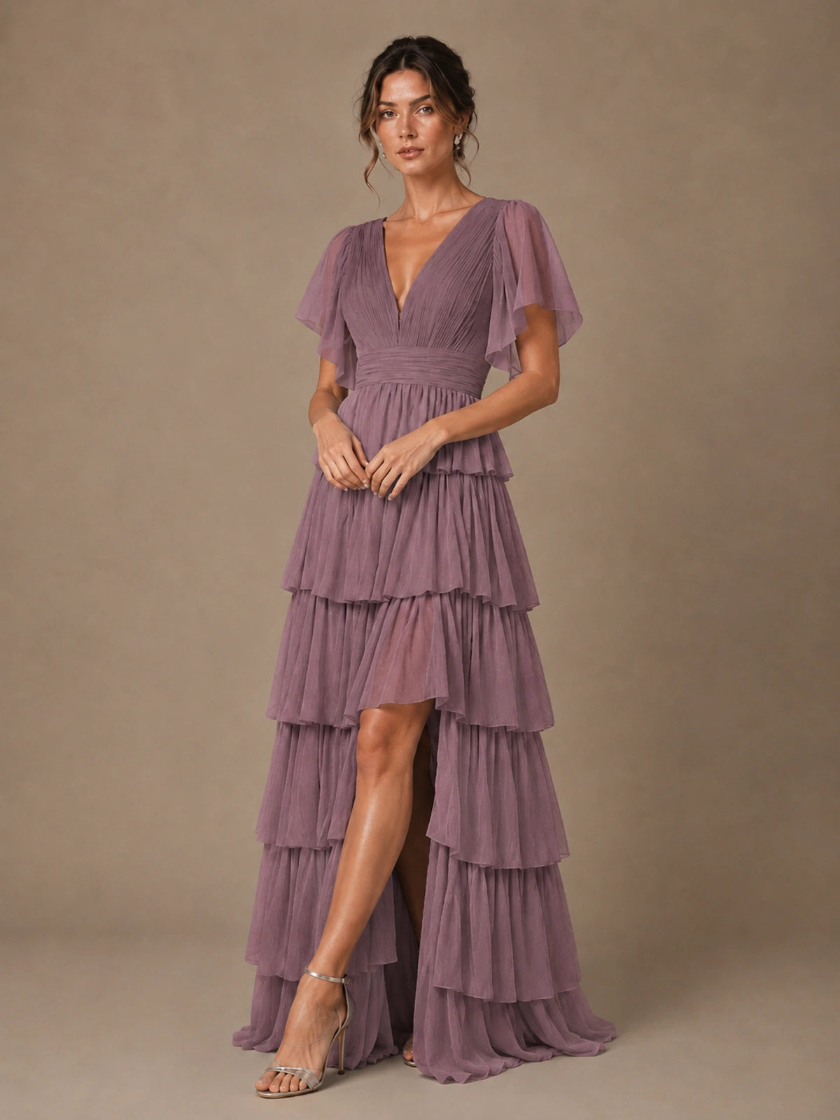 Chiffon V-Neck Tiered Ruffle Bridesmaid Dress with Slit