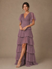 Chiffon V-Neck Tiered Ruffle Bridesmaid Dress with Slit