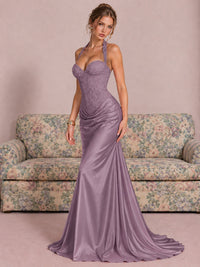 Sparkling Halter Corset Satin Mermaid Prom Dress