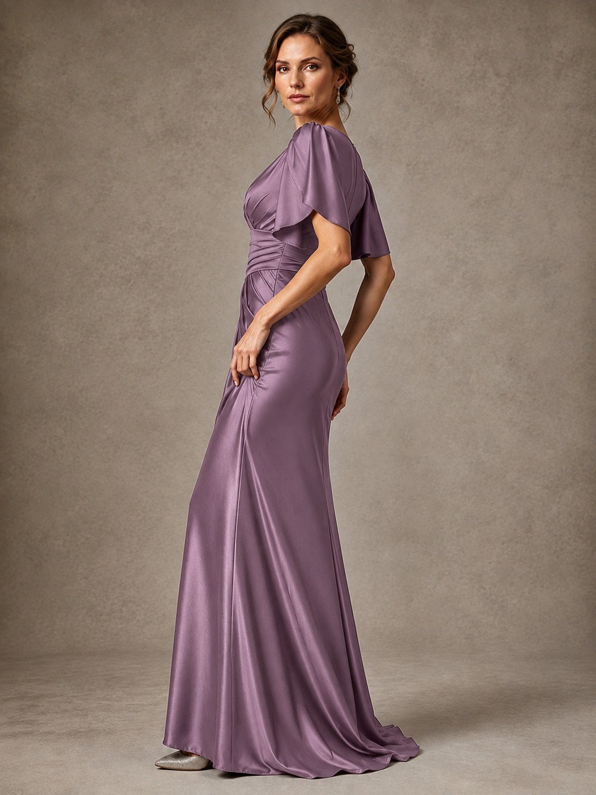 V-Neck Satin Mother of the Bride Dress with Flutter Sleeves