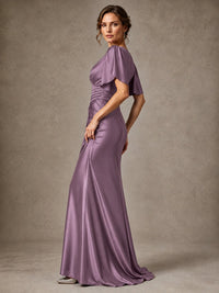 V-Neck Satin Mother of the Bride Dress with Flutter Sleeves